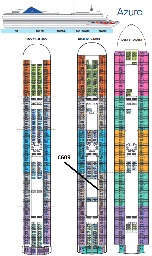 P&O Azura deck plan 10 - C Deck showing location of balcony cabin C609