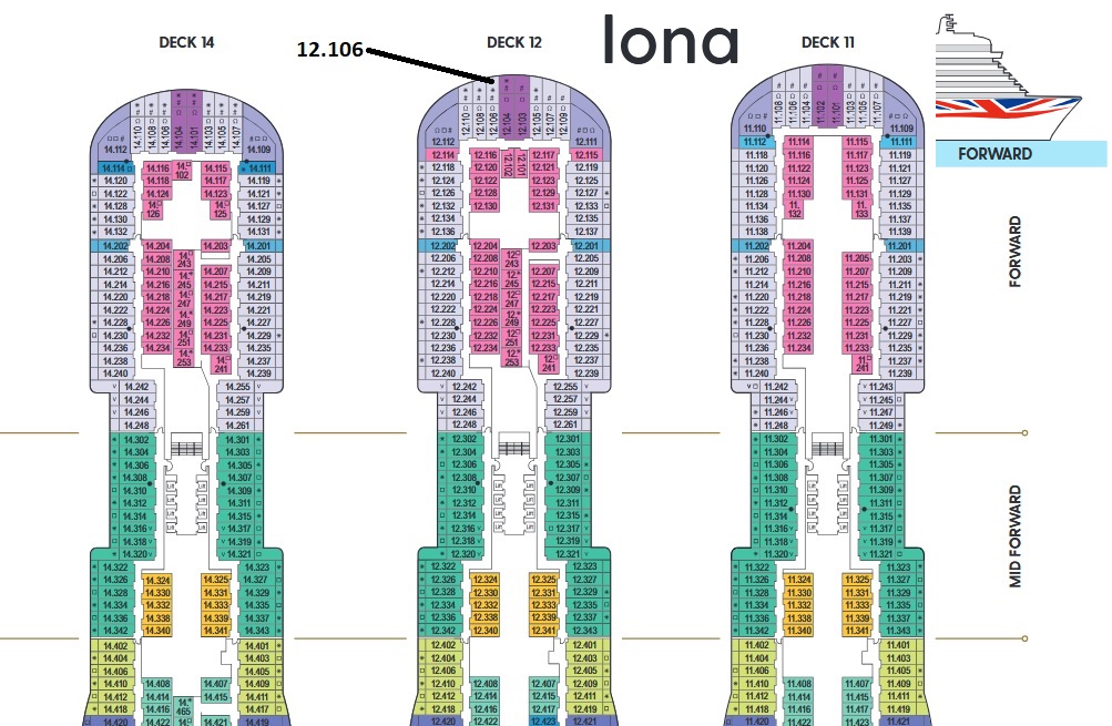 P&O Iona deck plan 12 showing location of front facing balcony cabin 12106